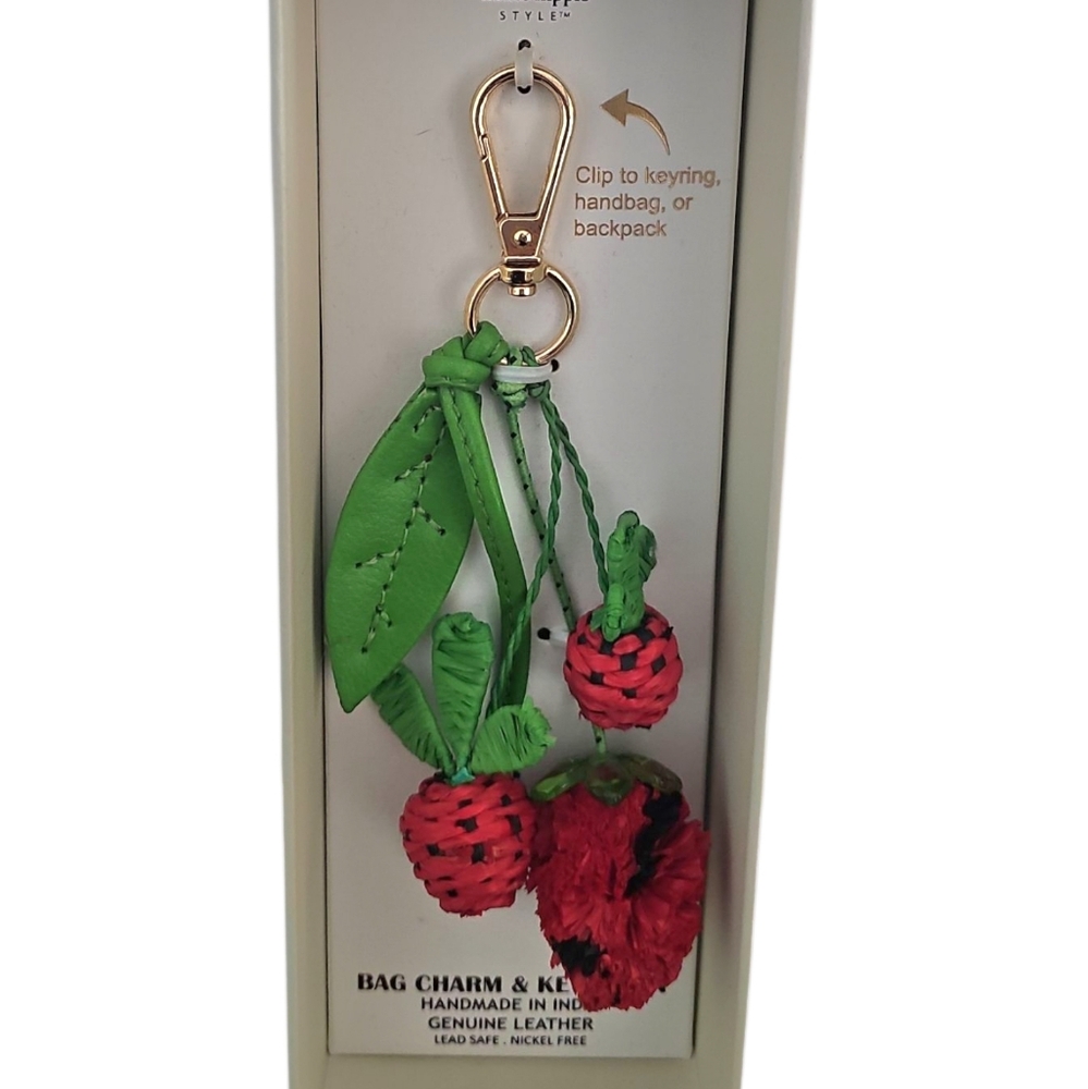 Haute Hippie Leather Red Strawberry With Green Leaves Bag Charm Keychain New